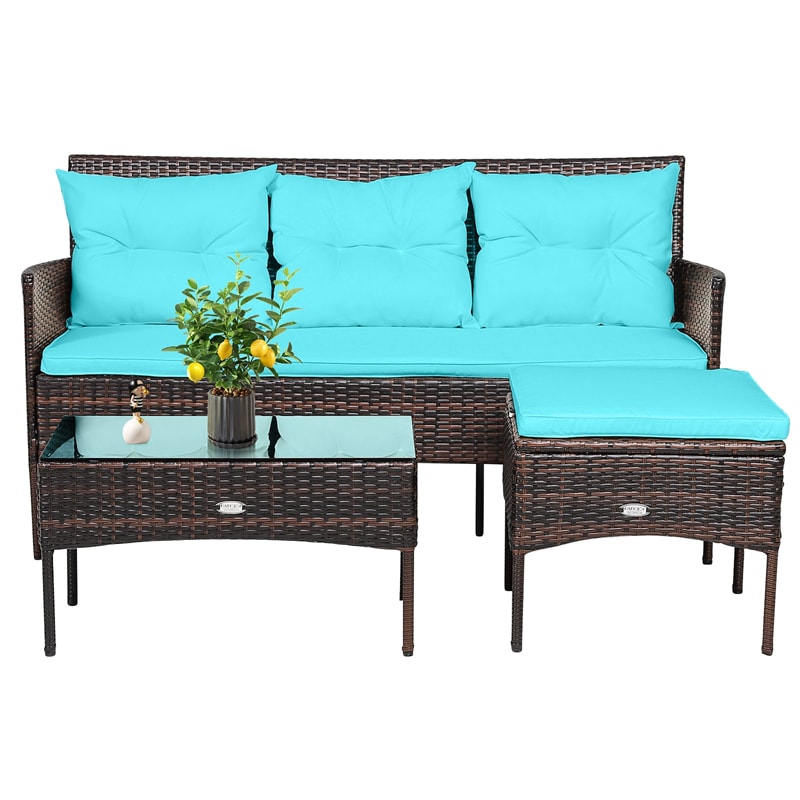 3 PCS Rattan Patio Conversation Set Outdoor Furniture Set with Cushions