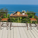 3 Pcs Rattan Outdoor Bar Height Bistro Set Acacia Wood Patio Dining Table Set with 2 Bar Stools