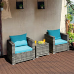 3 Piece Patio Rattan Conversation Set Wicker Bistro Set with Washable Cushions & Tempered Glass Top Table
