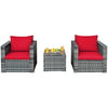 3 Pcs Patio Rattan Furniture Set Wicker Bistro Set with Cushions & Tempered Glass Top Table