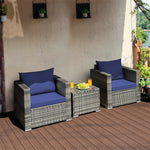 3 Piece Patio Rattan Conversation Set Wicker Bistro Set with Cushions & Tempered Glass Top Table