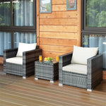3 Piece Patio Rattan Conversation Set Wicker Bistro Set with Cushions & Tempered Glass Top Table