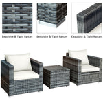 3 Pcs Patio Rattan Furniture Set Wicker Bistro Set with Cushions & Tempered Glass Top Table