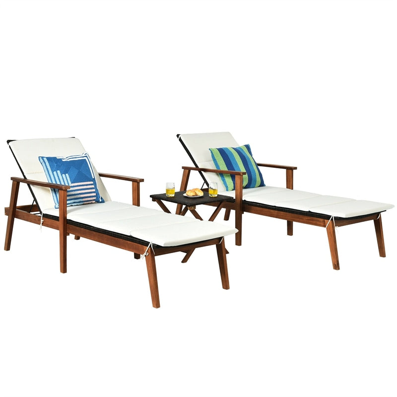 3 Piece Acacia Wood Patio Chaise Lounge Set with Folding Rattan Table