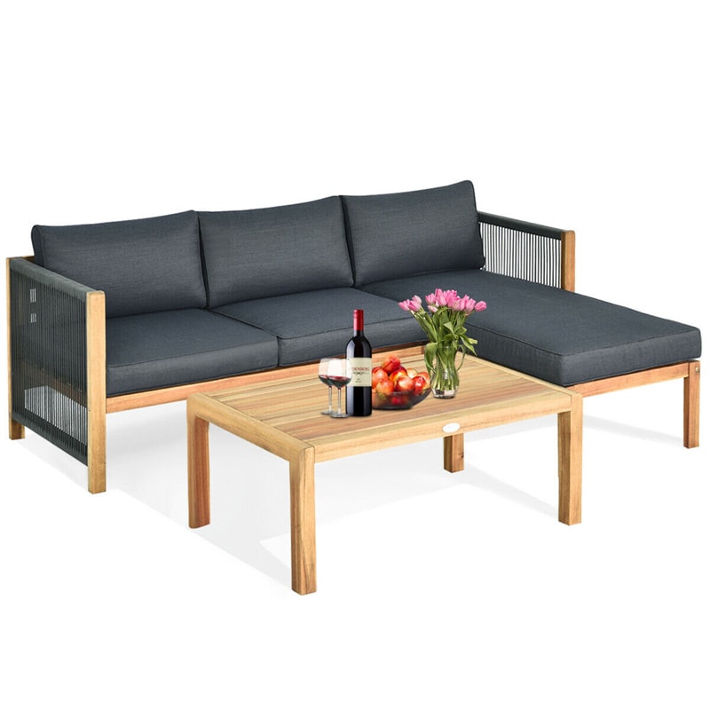 3 Piece Acacia Wood Outdoor Furniture Set Patio Conversation Set with 2 Loveseats & Coffee Table