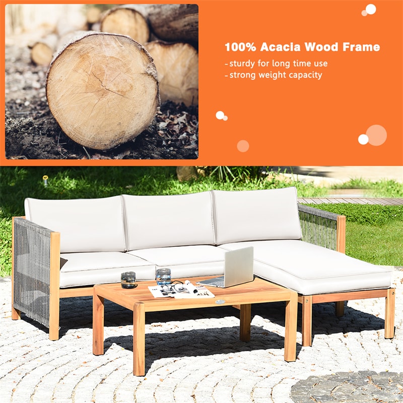 3 Piece Outdoor Wood Furniture Set Acacia Wood Sofa Set Patio Conversation Set with 2 Loveseats, Coffee Table & Seat Cushions