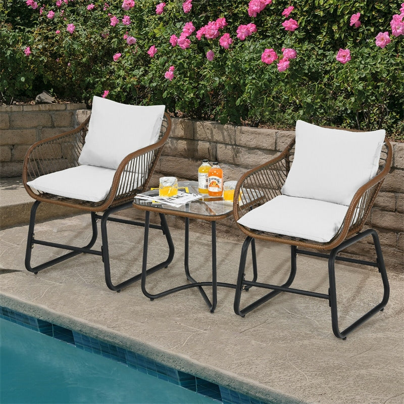 3 Piece Rattan Patio Bistro Set with Cushioned Armchairs and Coffee Table