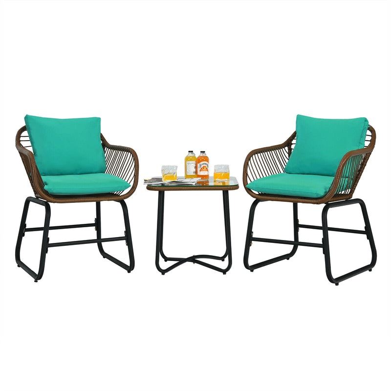 3 Piece Rattan Patio Bistro Set with Cushioned Armchairs and Coffee Table