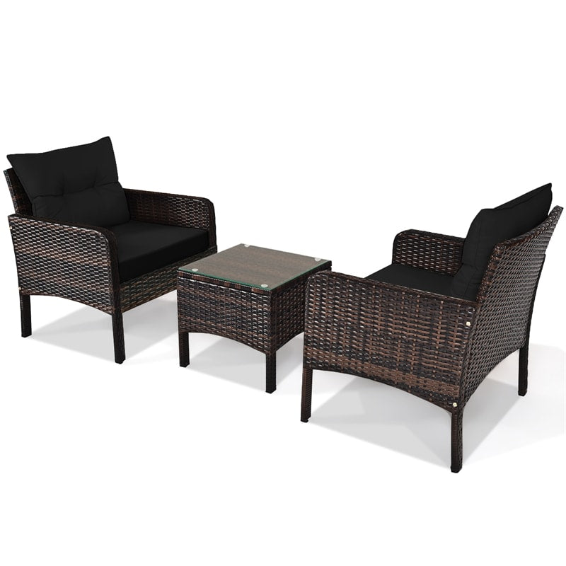 3 Piece Rattan Patio Conversation Set Wicker Chair Set with Coffee Table & Cushions