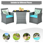 3 Piece Rattan Bistro Set Space-Saving Patio Dining Set with Cushioned Chairs & Tempered Glass Top Table