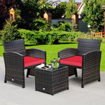 3 Piece Outdoor PE Rattan Furniture Set Wicker Patio Conversation Set with Cushioned Chairs, Tempered Glass Storage Coffee Table