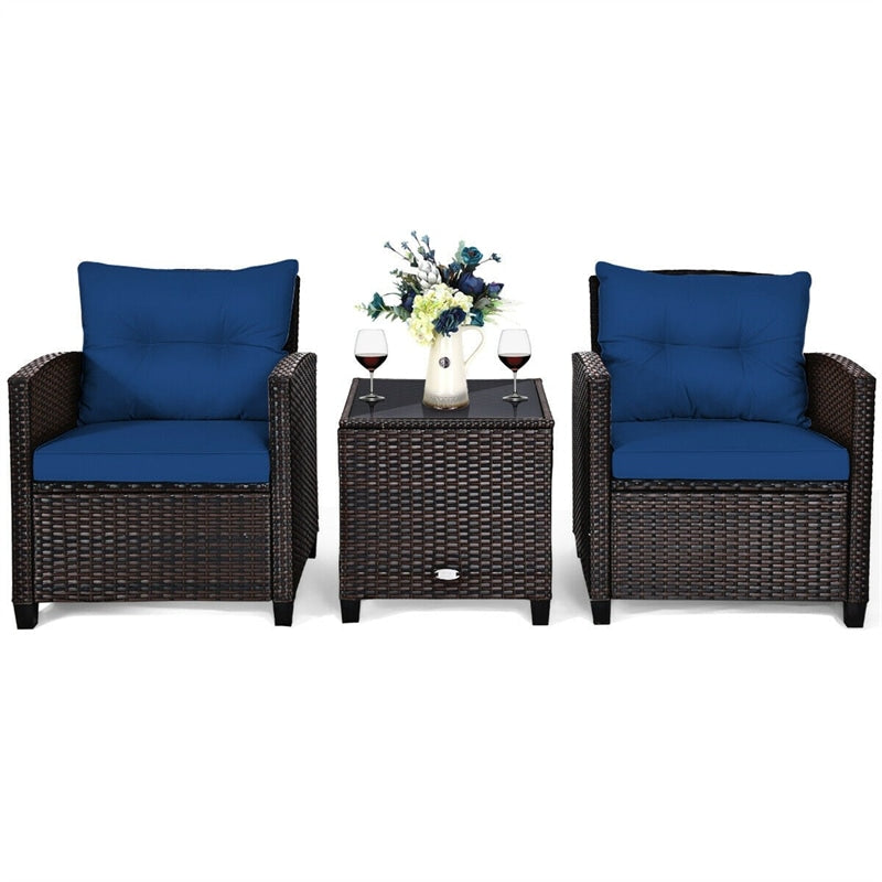 3 Piece Outdoor Wicker Rattan Patio Conversation Set with Washable Cushion & Coffee Table