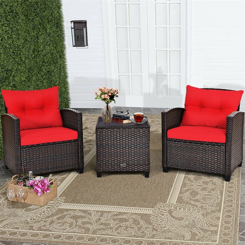 3 Piece Outdoor Wicker Rattan Patio Conversation Set with Washable Cushion & Coffee Table