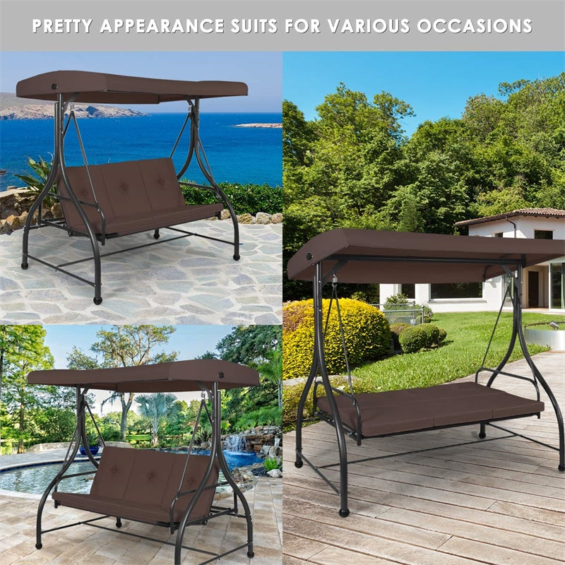 Outdoor Converting Swing Canopy Hammock 3-Seat Porch Swing Glider Chair with  & Adjustable Tilt Canopy, Seat & Back Cushions