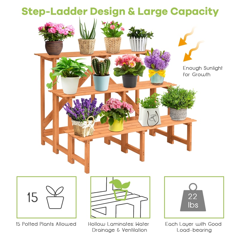 3 Tier Wide Wood Step Ladder Plant Stand Flower Pot Holder