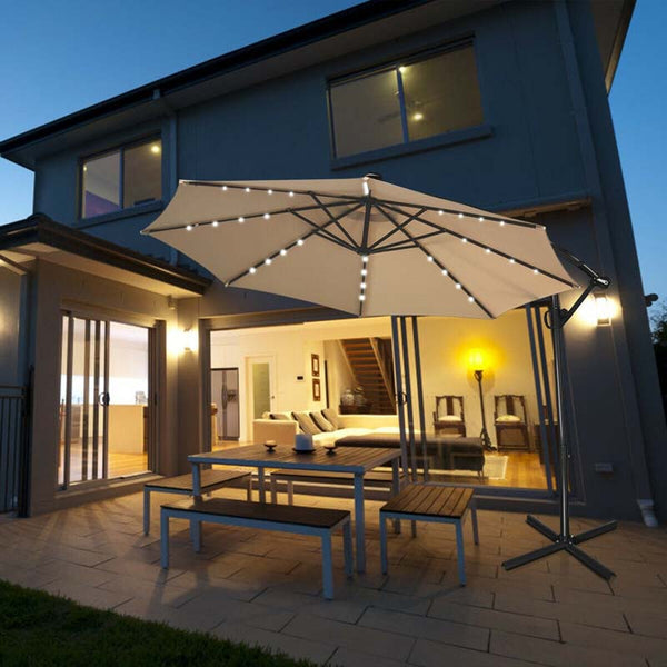 10FT Offset Patio Umbrella Solar Powered LED Outdoor Market Umbrella 360 Degree Rotation with Crank Handle & Cross Base - Bestoutdor