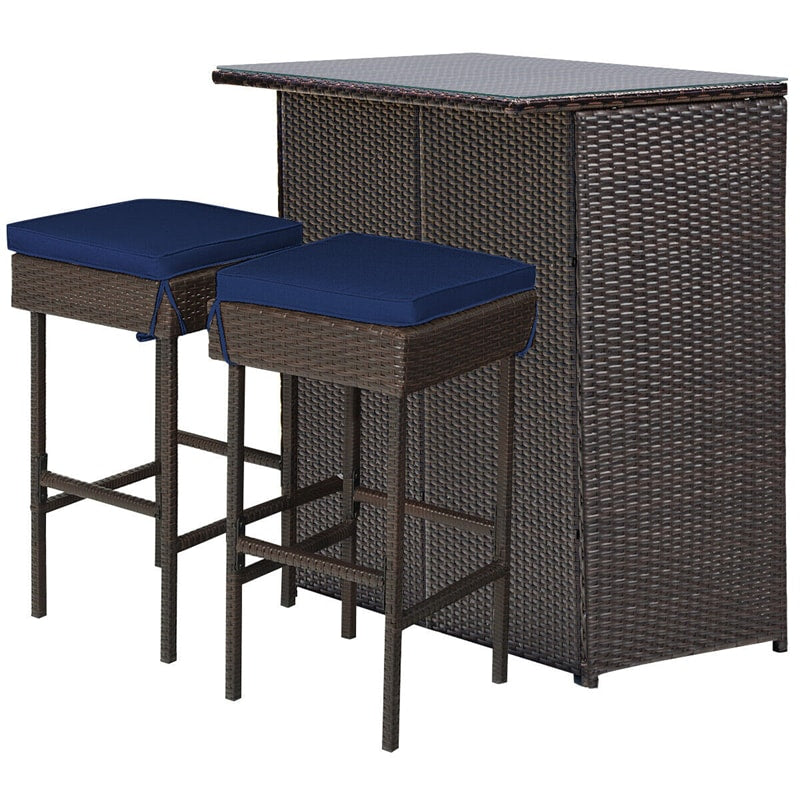 3 Piece Rattan Patio Bar Set Outdoor Wicker Bar Table & Stools Set with 2 Set of Cushion Cover