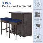 3 Piece Rattan Patio Bar Set Outdoor Wicker Bar Table Cushioned Stools with Gray & Off White Cover