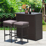 3 Piece Patio Rattan Bar Set Outdoor Wicker Table Cushioned Stools with Gray & Off White Cover
