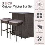 3 Piece Rattan Patio Bar Set Outdoor Wicker Bar Table & Stools Set with 2 Set of Cushion Cover