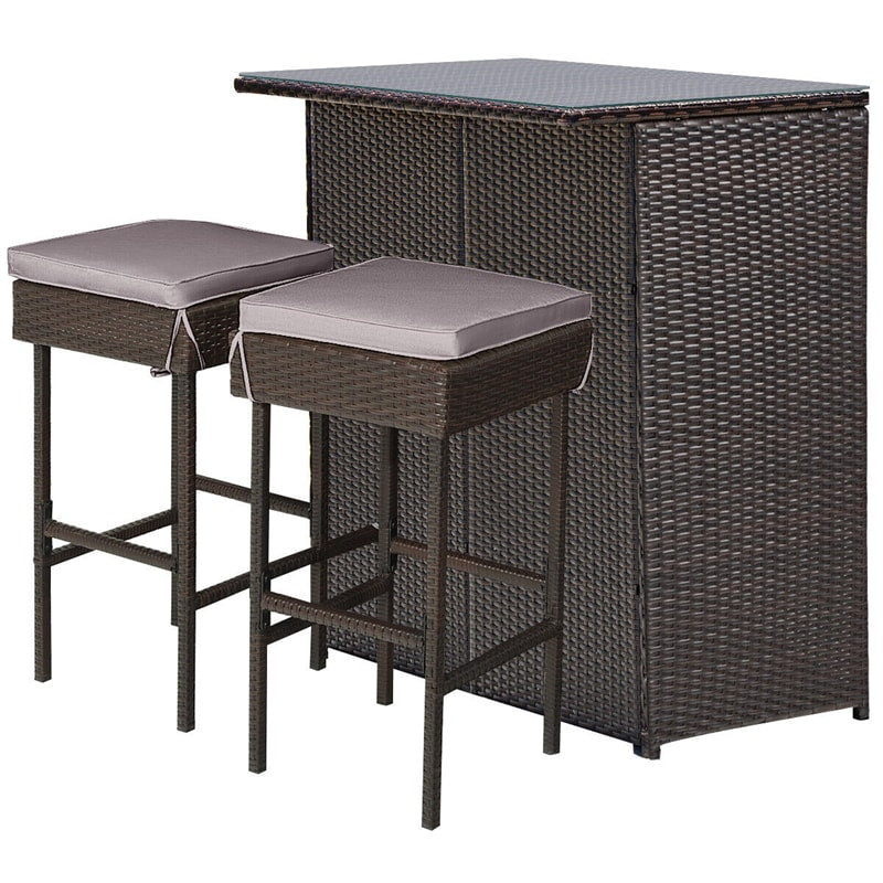3 Piece Rattan Patio Bar Set Outdoor Wicker Bar Table Cushioned Stools with Gray & Off White Cover