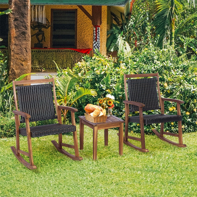 3 Piece Patio Rattan Rocking Chair Bistro Set Acacia Wood Outdoor Rocker with Side Table