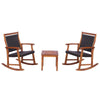 3 Piece Patio Rattan Rocking Bistro Set Acacia Wood Outdoor Rocker Chat Set with Side Table