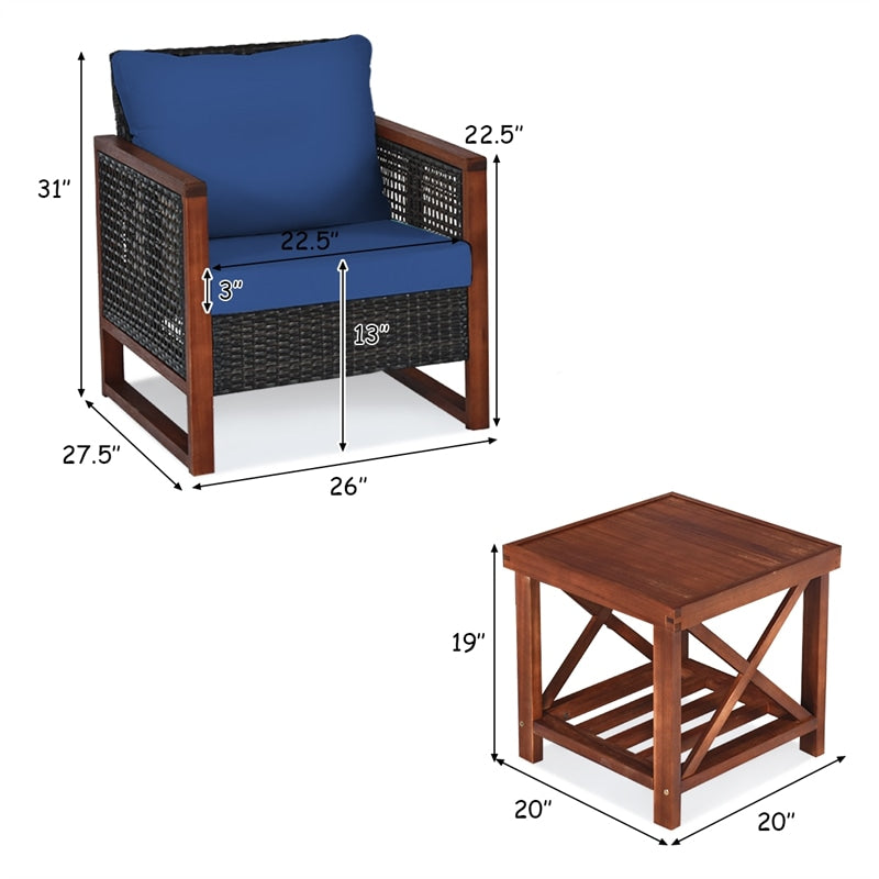 3 Piece Wicker Patio Bistro Set Rattan Conversation Sofa Chair with Acacia Wood Coffee Table & Cushions