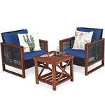 3 Piece Wicker Patio Bistro Set Rattan Conversation Sofa Chair with Acacia Wood Coffee Table & Cushions