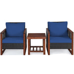 3 Piece Patio Wicker Conversation Bistro Set with Acacia Wood Coffee Table & Cushions