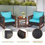 3 Piece Patio Wicker Conversation Bistro Set with Acacia Wood Coffee Table & Cushions