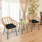 3 Piece Rattan Patio Bistro Set Wicker Conversation Set with Glass Coffee Table & Cushioned Armchairs