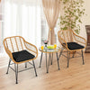 3 Piece Rattan Patio Bistro Set Wicker Conversation Set with Glass Coffee Table & Cushioned Armchairs