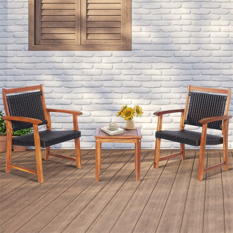 3 Piece Patio Acacia Wood Bistro Set Outdoor Rattan Conversation Chair Set with Side Table for Garden