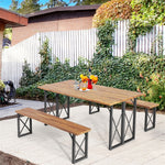 3 PCS Acacia Wood Outdoor Picnic Table Bench Set 67” Rectangular Patio Dining Table with Umbrella Hole