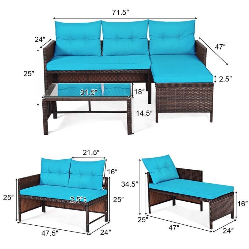 Bestoutdor 3 Pcs Outdoor PE Rattan Furniture Set Corner Sofa Set