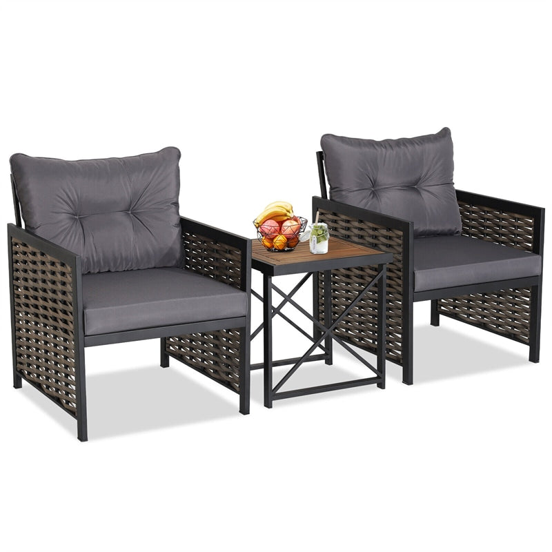 3 Piece Patio Rattan Sofa Chair Set Outdoor Wicker Cushioned Furniture Set with Acacia Wood Coffee Table, Heavy-Duty Metal Frame