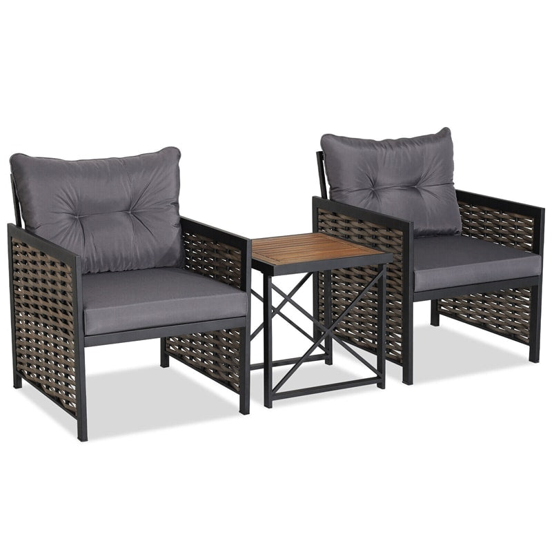 3 Piece Patio Rattan Chair Set Heavy-Duty Metal Frame Outdoor Wicker Furniture with Acacia Wood Coffee Table
