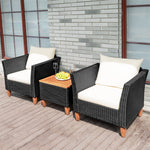 3 Piece Patio Rattan Conversation Set Outdoor Wicker Seating Group with Cushions & Acacia Wood Top Coffee Table