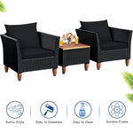 3 Piece Patio Rattan Conversation Set Outdoor Wicker Seating Group with Cushions & Acacia Wood Top Coffee Table