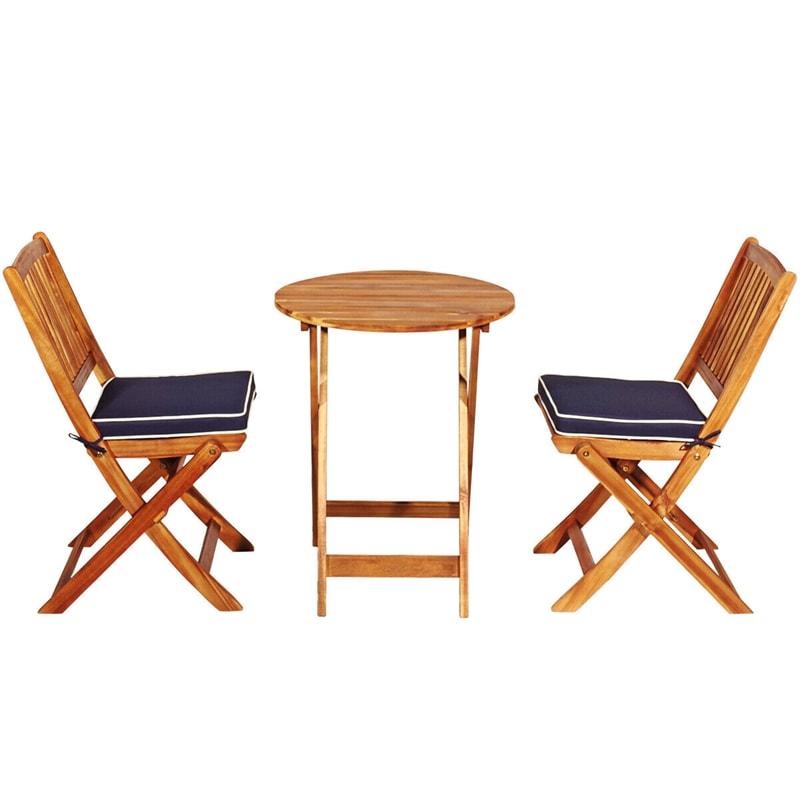 3PCS Acacia Wood Folding Patio Bistro Set Outdoor Bistro Table Chair Set with Padded Cushions