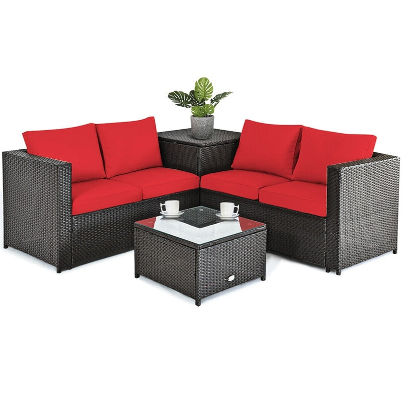 4-Piece Outdoor Rattan Wicker Patio Furniture Set Conversation Set with Storage Table & Waterproof Cover