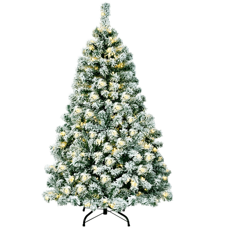 4.5ft Pre-Lit Snowy Artificial Christmas Tree Flocked Xmas Tree with 200 LED Lights & Metal Stand for Holiday Decoration