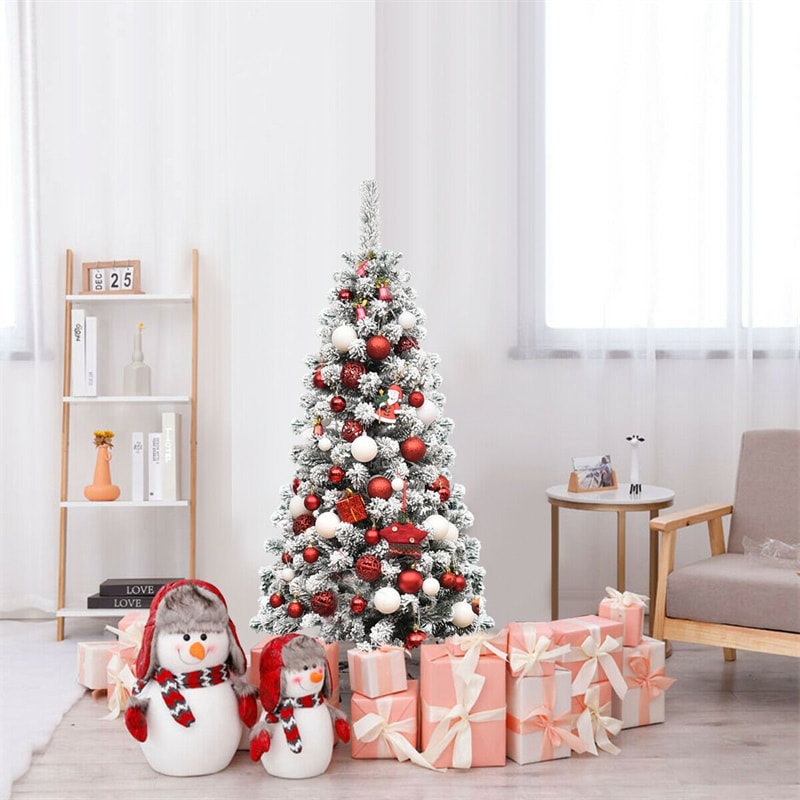 4.5ft Pre-lit Snow Flocked Artificial Pencil Christmas Tree with 150 LED Lights and Metal Stand