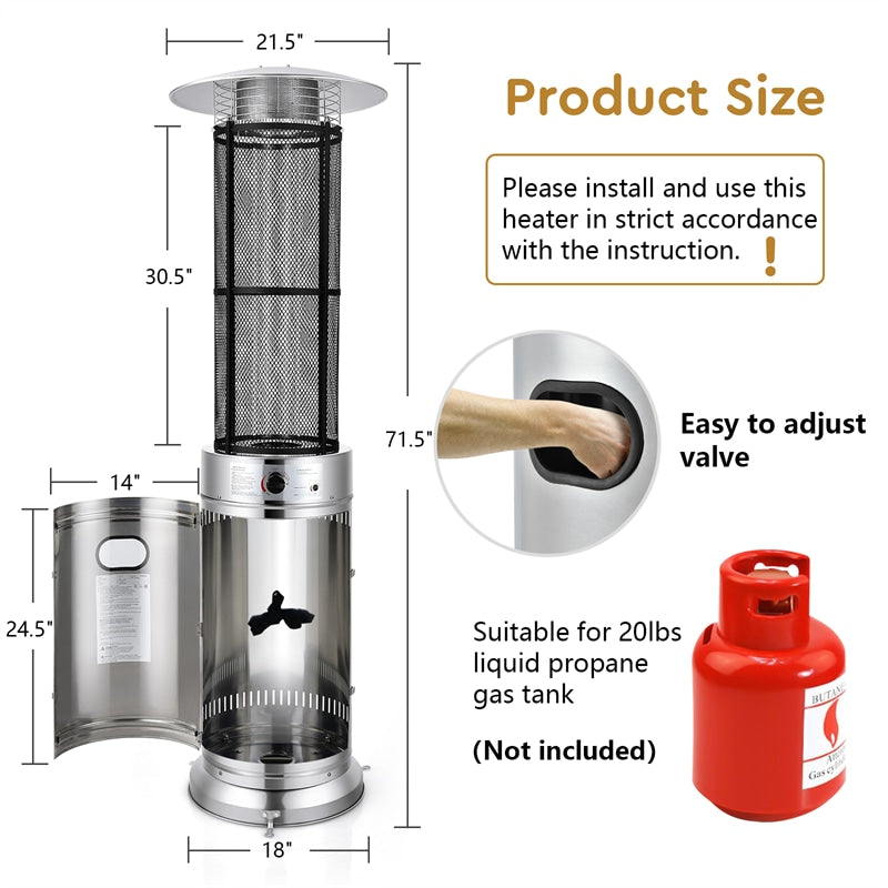 40,000 BTU Propane Patio Heater, Stainless Steel Round Glass Tube Standing Outdoor Gas Heater with Wheels for Balcony, Backyard, Garden