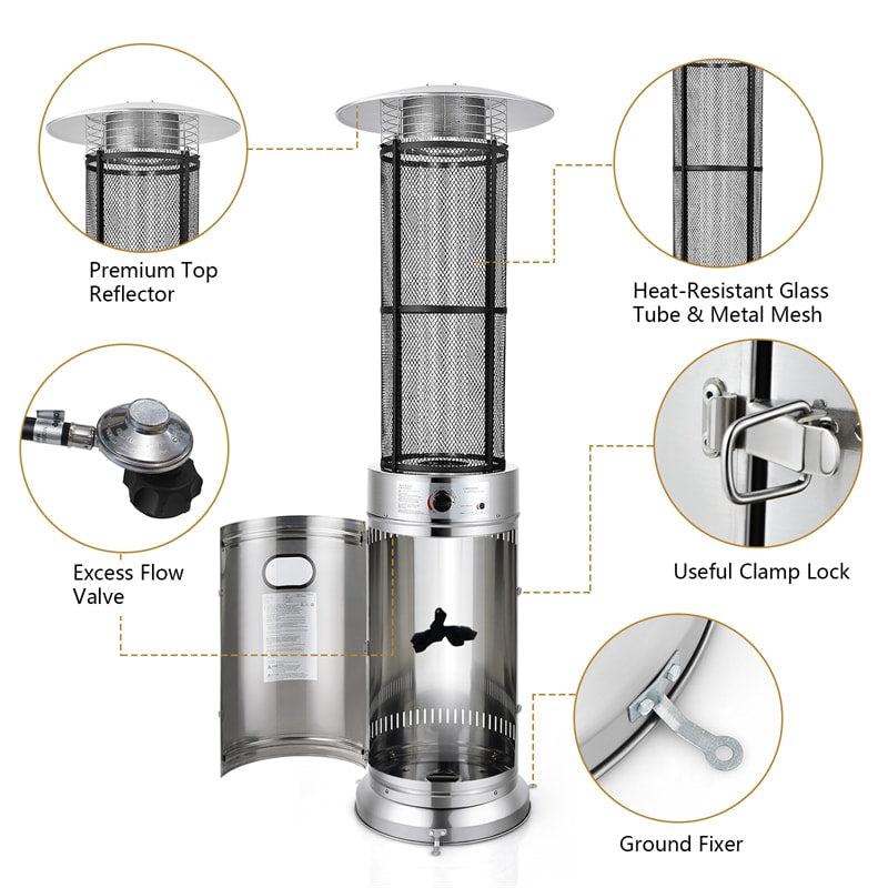 40,000 BTU Propane Patio Heater, Stainless Steel Round Glass Tube Standing Outdoor Gas Heater with Wheels for Balcony, Backyard, Garden