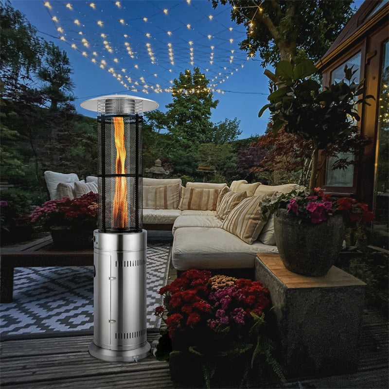 40,000 BTU Propane Patio Heater, Stainless Steel Round Glass Tube Standing Outdoor Gas Heater with Wheels for Balcony, Backyard, Garden