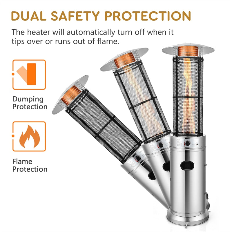 40,000 BTU Propane Patio Heater, Stainless Steel Round Glass Tube Standing Outdoor Gas Heater with Wheels for Balcony, Backyard, Garden