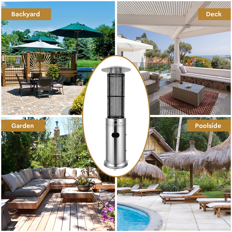 41000 BTU Stainless Steel Propane Patio Heater Standing Round Glass Tube Outdoor Heater with Wheels