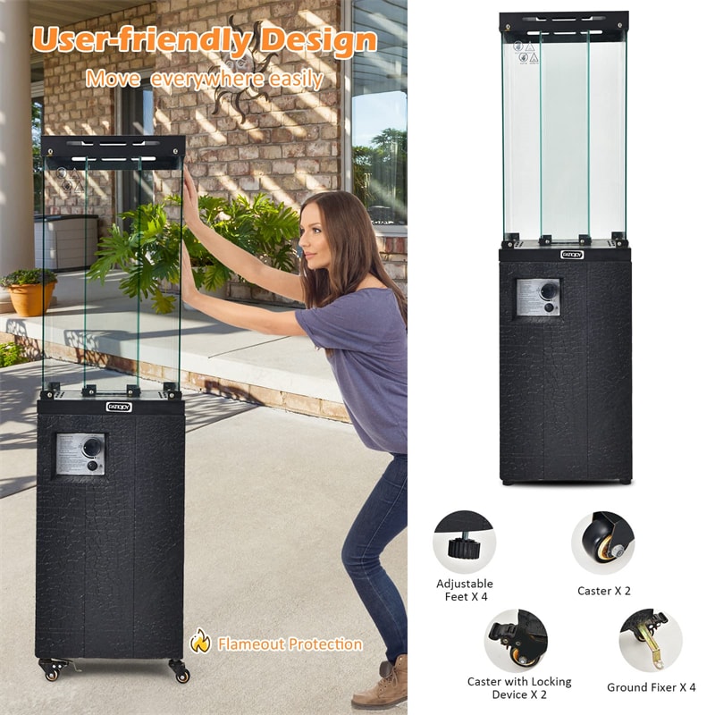 Glass Tube Propane Patio Heater 41,000 BTU Freestanding Outdoor Gas Heater with Protective Cover & Wheels